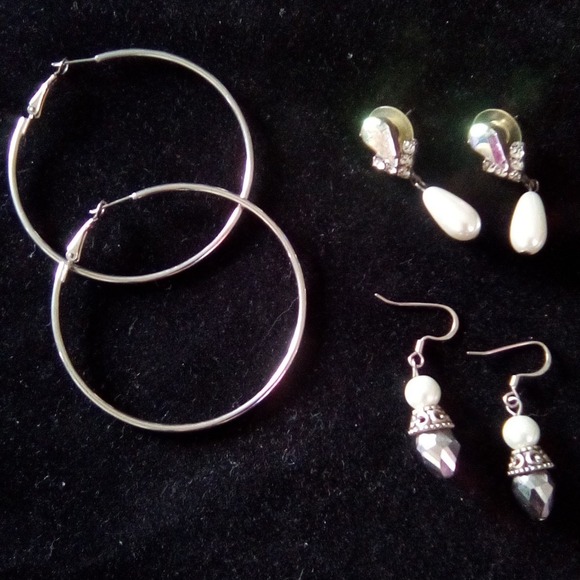 Jewelry - Lot of 3 Pairs Womens Earrings Silver Tone Hoops Faux Pearl Dangles Rhinestone